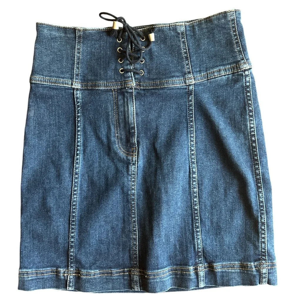 Free People Size 4 Blue Denim Mini Skirt Lace Up High Waisted Modern Femme